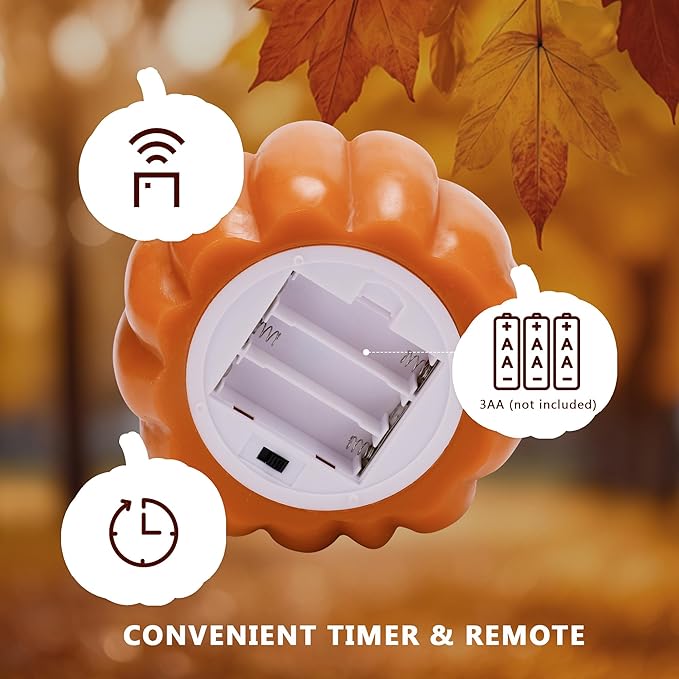 Fall Flameless Led Pumpkin Candles with Remote, Real Wax Pumpkin Shaped Battery Operated Flickering Candles with Timer for Thanksgiving Decor, Fall Home Decor, Halloween Decorations, Orange