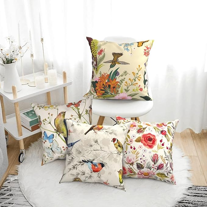 Flowers Birds Decorative Throw Pillowcases Set of 4 Pillow Covers 18x18 Inch, Spring Cushion Case Sofa Throw Pillows Cover Garden Pillow Covers for Couch Living Room Bed Indoors Home Decor