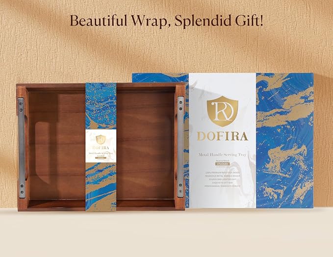 Acacia Wood Serving Tray with Metal Handles, 17x13in Food Drinks Tray for Coffee Table, Breakfast, Dinner & Bar, Rustic Decorative Storage Tray for Ottoman, Kitchen, Bedroom Gift Packaging