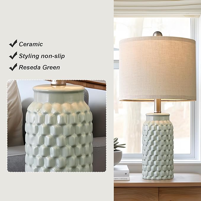 20.5 inches Modern Ceramic Green Bedside Lamp Set of 2 for Bedroom Decor Farmhouse Table Lamp for Living Room Office Dorm