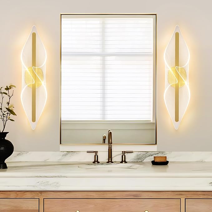 Modern Gold Wall Sconce 17.3In LED Wall Lamp with Remote Control Dimmable Acrylic Sconces Wall Lighting for Living Room Hallway Bathroom Bedroom Stairs