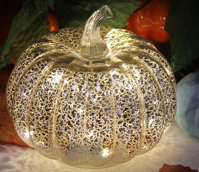 Mercury Glass Pumpkin Light with Timer, with 10 Fairy Lights Inside,Battery Operated Led Pumpkin Light,Ideal for Halloween Fall Decoration, Thanksgiving Rustic Decor, Xmas Decor (Silver)