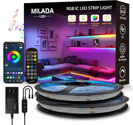 COB RGB Smart IC Strip Lights 40FT LED Strip Lights RGB+IC LED Strip Lights with RF Control Music Sync COB RGB LED Light for Bedroom Gaming Party Home Decor 2×20FT Rolls