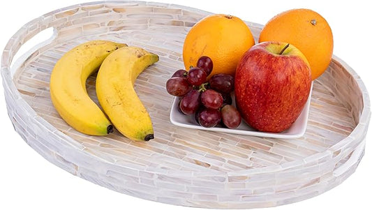 PEMAR 15.7"x11.8" Oval Mother of Pearl Serving Tray, Decorative Ottoman Tray for Living Room, Coffee Table, Breakfast in Bed, Candle Display (White Cream)