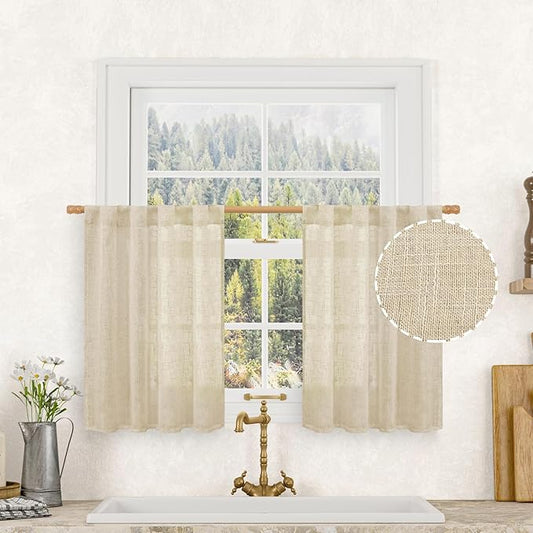 LAMIT 30 Inch Cafe Linen Curtains for Kitchen Window, Semi Sheer Light Filtering Short Curtains Back Tab and Rod Pocket Neutral Drapes for Bathroom/Basement, 2 Panels, Linen, 34 x 30 Inch