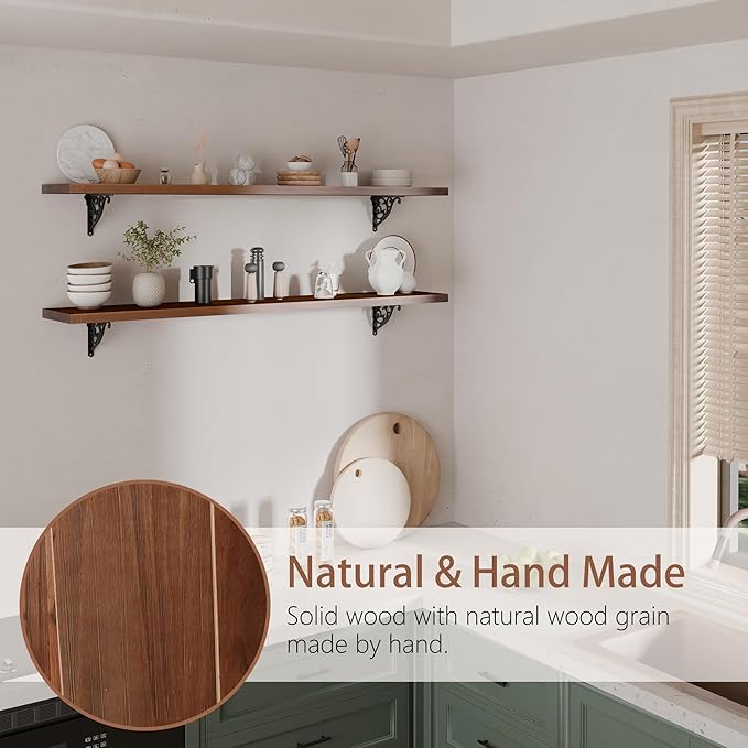 48 inch Long Floating Shelves for Wall,Solid Pine Wood Long Wall Shelves Set of 2,Walnut Color Bookshelf with Retro Iron Brackets for Living Room,Kitchen,Bathroom