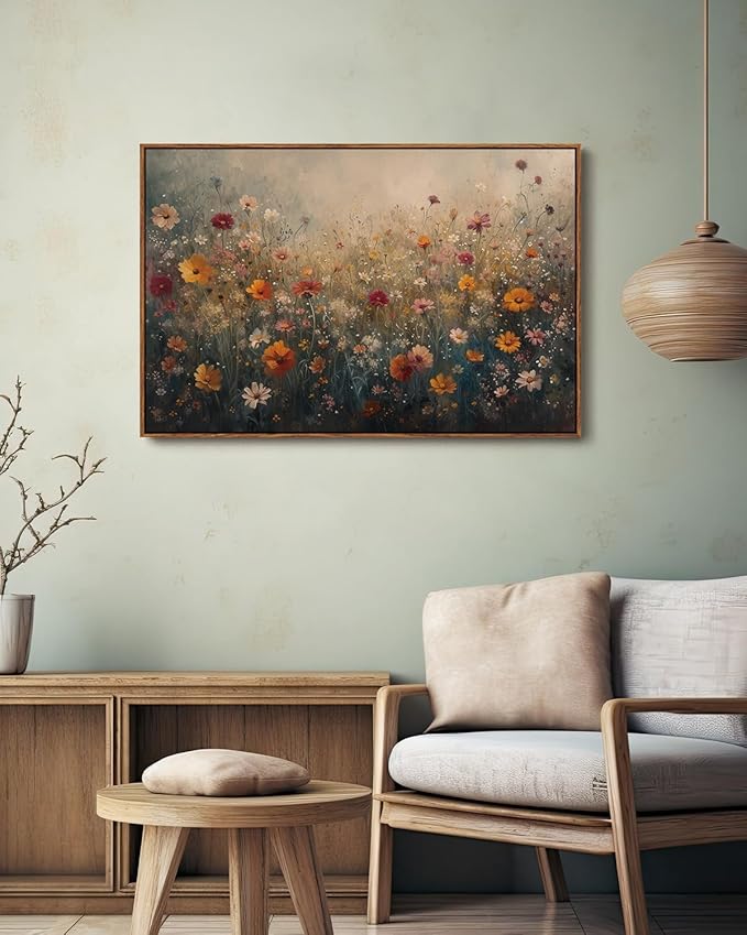 KISSFOX Vintage Framed Wall Art Farmhouse Dreamy Wildflower Field Canvas Art Colorful Daisy Floral Paintings Artwork Natural Rustic Art Prints For Bedroom Bathroom Living Room