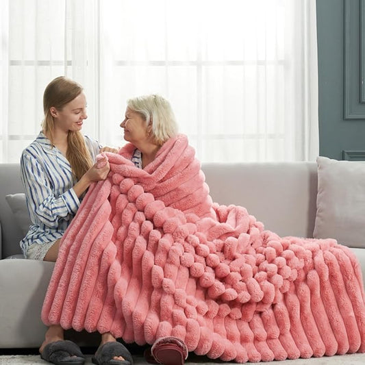 Cozy Bliss Faux Fur Throw Blanket for Couch, Cozy Warm Plush Striped Blanket for Sofa Bedroom Living Room, 60 * 80 Inches Hot Pink