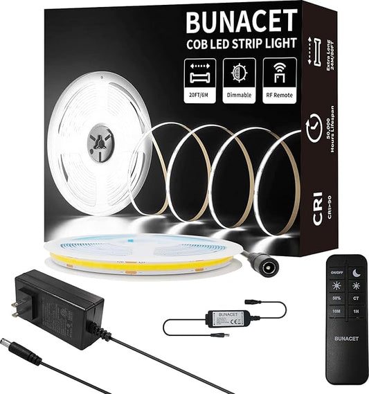 COB LED Strip Light 20ft/6m Cool White 6500K High Lumen CRI 90+ with UL Listed Power Adapter RF Remote for Bedroom Counter Under Cabinet Kitchen Projects