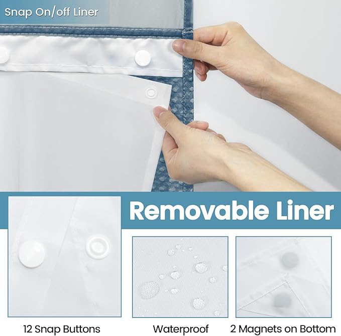 Moonlight Blue No Hook Shower Curtain with Snap in Liner,230GSM Waffle Weave Shower Curtains for Bathroom,71W x 74H