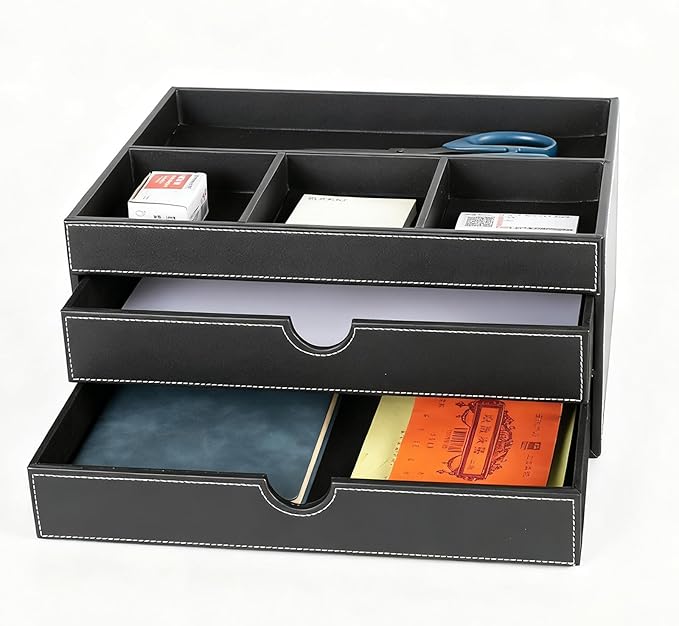 Household Multifunctional Desktop Storage Cabinet, Office file Cabinet Made of Leather, Drawers and Four Separate Organizers, Storage Box on the Bedside Table in the Room (black)