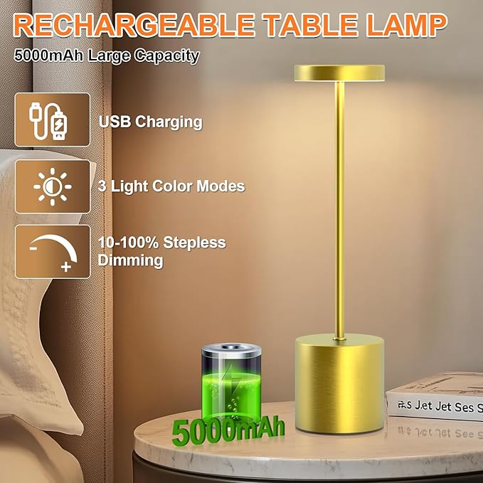 Cordless Table Lamp – 2 Pack Rechargeable Table Lamps, 5000mAh Battery Operated Lamp with 3-Color Dimmable Light, Outdoor Table Lamp for Bedroom, Restaurant, Patio, Home Décor (Gold)