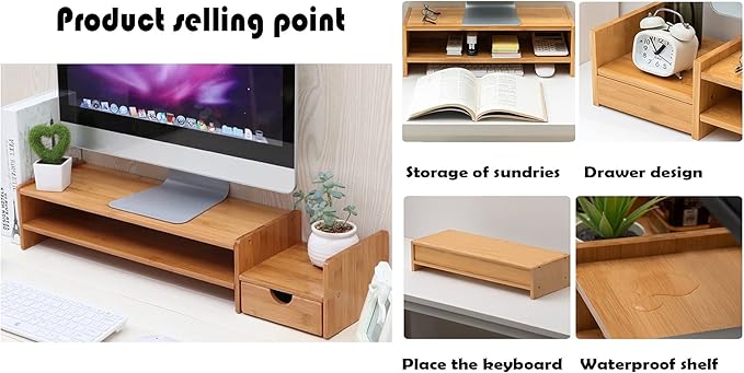 Monitor Stand Riser Desk Organizer-Bamboo 2 Tier Laptop Stand With Drawers, Adjustable Desktop Storage Organizer For Computer, Printer, Cellphone-Use In Office,Home /Reduce Neck &Eye Strain(Basic)