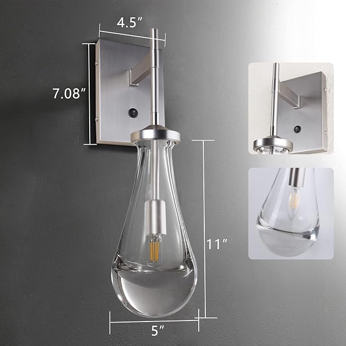 HuisMier Brushed Nickel Wall Sconce, Raindrop Wall Sconces with On Off Switch Button, Modern Clear Glass Wall Light Fixture Vanity Wall Lamp for Bathroom Bedroom Living Room Hallway