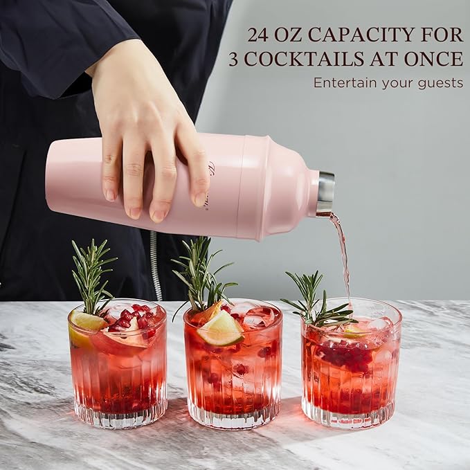 KITESSENSU Cocktail Shaker Set, Stainless Steel Martini Shaker with Bartender Strainer, Measuring Jigger, Bar Mixing Spoon, Cocktail Recipe Included, Pink