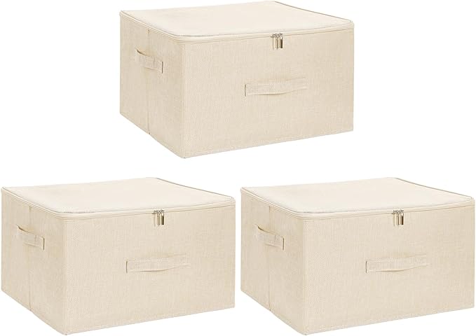 ANMINY 3PCS Storage Bins with Zipper Lids 51.9 Qt Lidded Fabric Storage Boxes Baskets Cubes with Handles Collapsible Washable Cotton Linen Closet Shelf Clothes Organizer - Beige, Extra Large