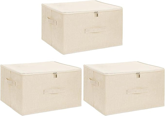 ANMINY 3PCS Storage Bins with Zipper Lids 51.9 Qt Lidded Fabric Storage Boxes Baskets Cubes with Handles Collapsible Washable Cotton Linen Closet Shelf Clothes Organizer - Beige, Extra Large