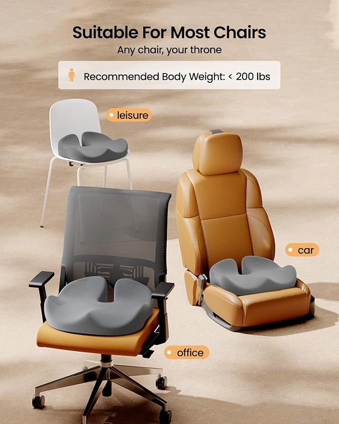 ProtoArc Seat Cushion, Office Chair Cushion for Sciatica, Coccyx Cushion, Ergonomic Memory Foam Seat Cushion for Car, Home, Pressure Relief Pad for Hip, Tailbone, All Day Comfort - Gray