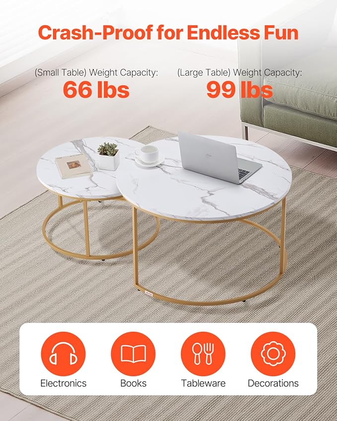 VEVOR Nesting Tables, Coffee Table Set of 2, 31.5 inch Round Coffee Table, Small Coffee Tables Night Stand with Metal Frame, for Living Room, Bedroom, Office (White & Gold)