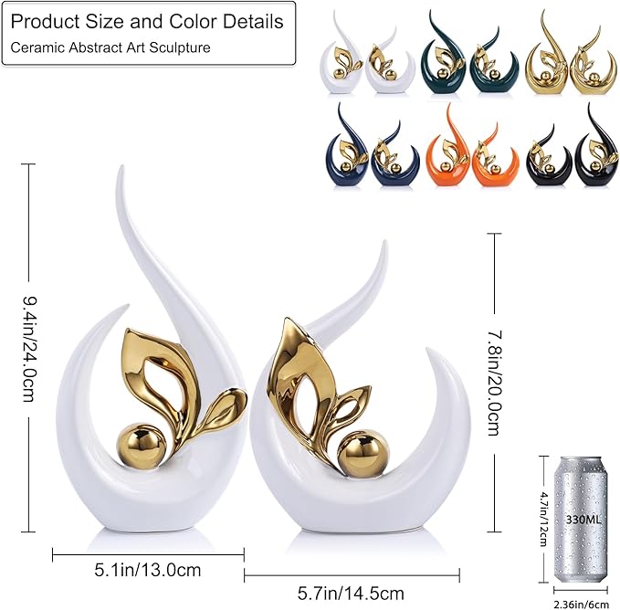 9.4" H White Gold Abstract Sculptures Home Decor, Ceramic Art Statue Cool Stuff to Put on Shelves&tv Stand Decor, Gold Accent Entertainment Center, for Fireplace Coffee Table Dining Table Decorate