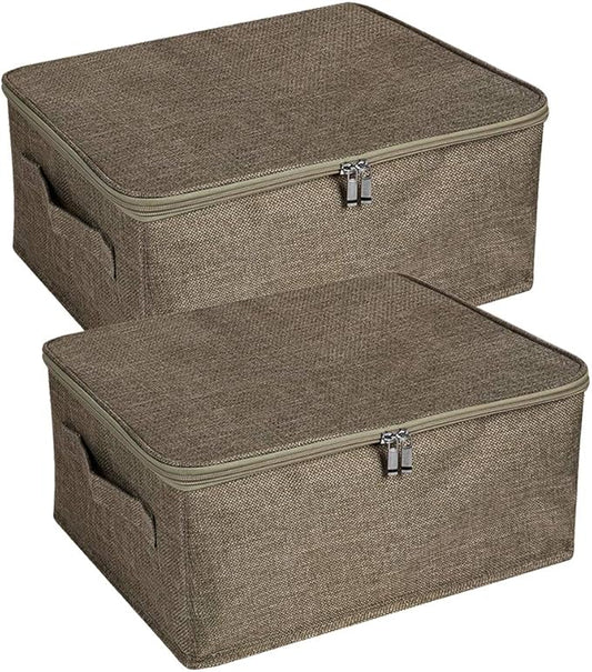 ANMINY 2PCS Storage Bins with Zipper Lids 13 Qt Lidded Fabric Storage Boxes Baskets Cubes with Handles Collapsible Washable Cotton Linen Closet Shelf Clothes Organizer Containers - Coffee, Small