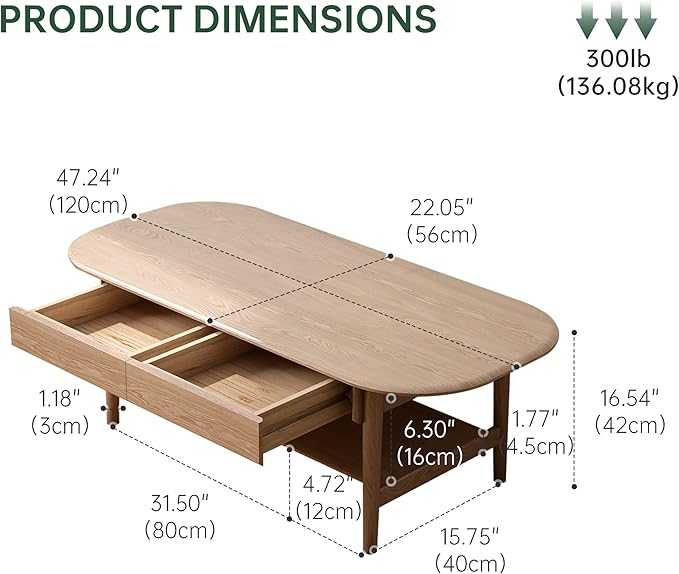 100% Solid Wood Coffee Table for Living Room, 2-Tier Coffee Table with 2 Drawers and Shelf Storage, Mid Century Modern Table for Home (Mandshurica Natural Wood, 47.24''W x 22.05" D x 16.54" H)