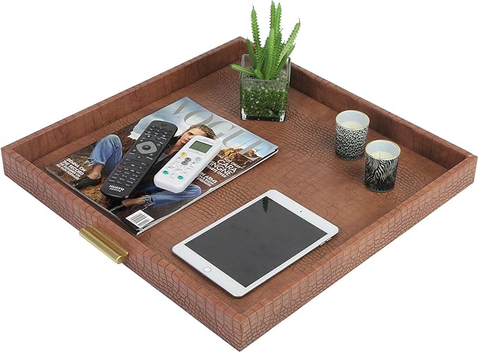 HofferRuffer Elegant Decorative Serving Tray, 20"x20" Square Faux Leather Ottoman Tray with Gold Hardware Handles, Coffee Table Serve Tea Coffee or Breakfast (Antique Brown)