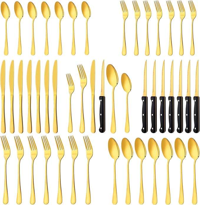 48-Pack Gold Silverware Set with Steak Knives, Stainless Steel Tableware Cutlery Spoons Forks Kit, For Buffet Kitchen Restaurant Hotel, Kitchen Flatware Utensils Set, Mirror Polished