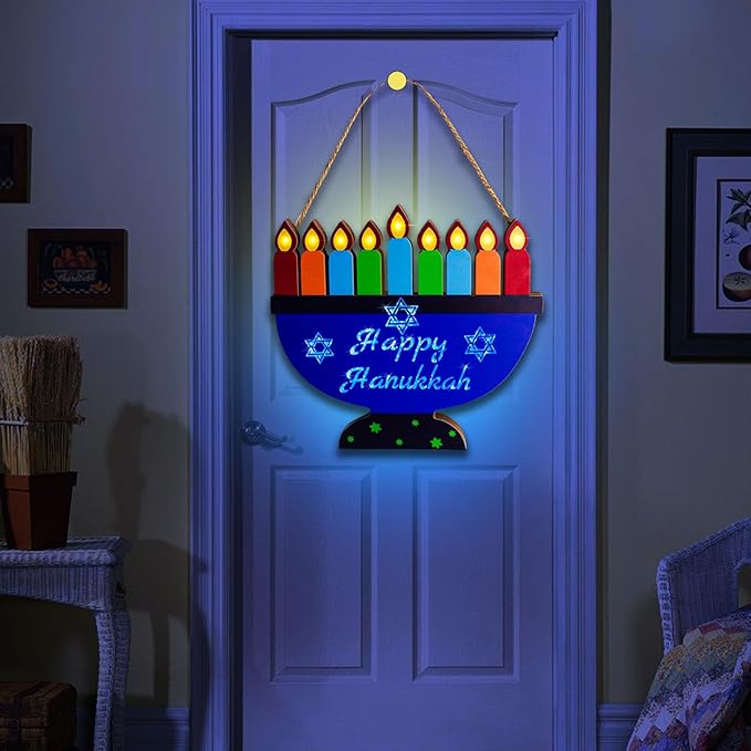 [ Lighted ] Hanukkah Lights Menorah Battery Operated Wooden Happy Hanukkah Door Sign Wreath Blue Lights Star of David for Chanukah Front Door Wall Windows Hanukkah Decorations Jewish Holiday Gifts