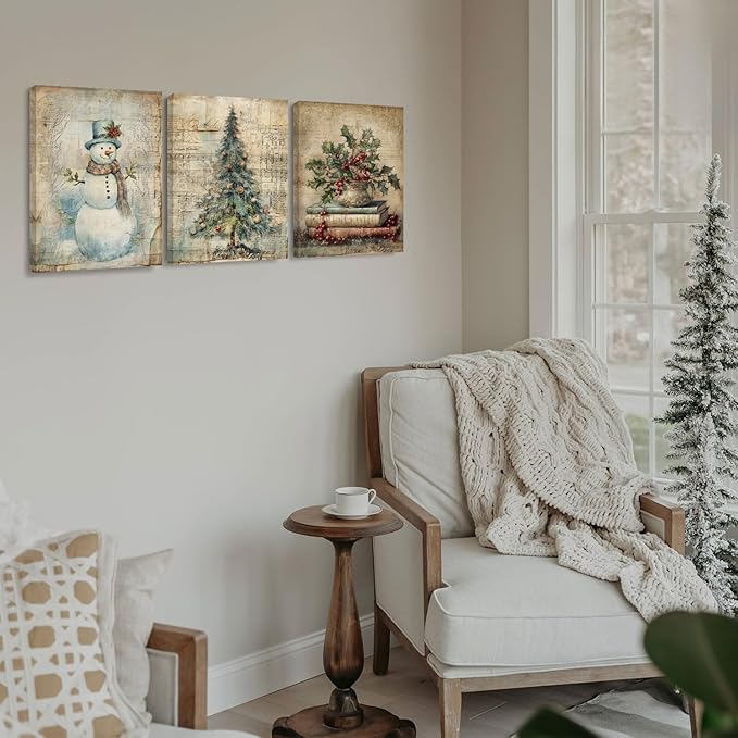 DSHFG Vintage Christmas Wall Art Decor, Retro Christmas Santa Trees Book Wall Decor Canvas Set of 3, Retro Christmas Decorations for Home Bedroom Bathroom Kitchen Living Room, 14x11 Inch Framed