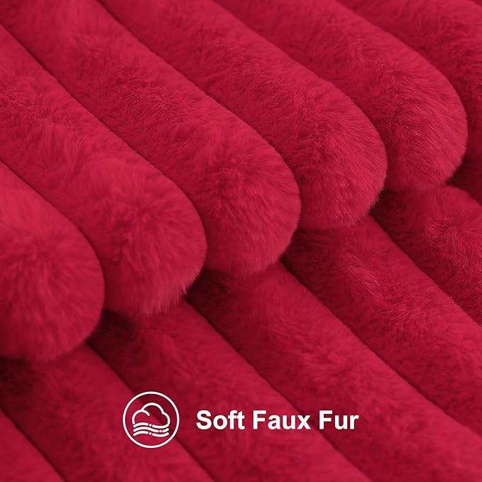 decorUhome Faux Fur Christmas Throw Pillow Covers 22x22 Set of 2, Decorative Soft Plush Striped Neutral Couch Euro Pillow Covers with Velvet Back for Sofa, Bed, Living Room Home Decor, Red