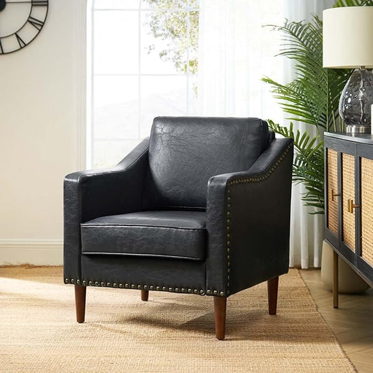 HULALA HOME Faux Leather Accent Armchair with Back & Seat Cushions, Traditional Club Chair with Nailhead Trim, Comfy Upholstered Sofa Chair for Bedroom & Living Room, Black