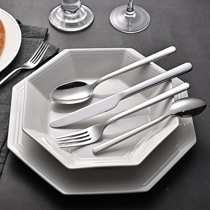 KINGSTONE Forged 30-Piece Silverware Set, 18/10 Stainless Steel Flatware Cutlery Set for 6, Mirror Finish Utensils Set,Dishwasher Safe (Silver)