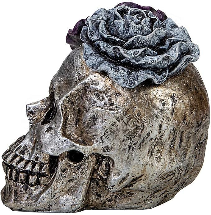 WENYLE Halloween Skull Statues Home Decor Day of Dead Purple Grey Rose Silver Skull Resin Figurine Flower Skull Decor 7.25" L