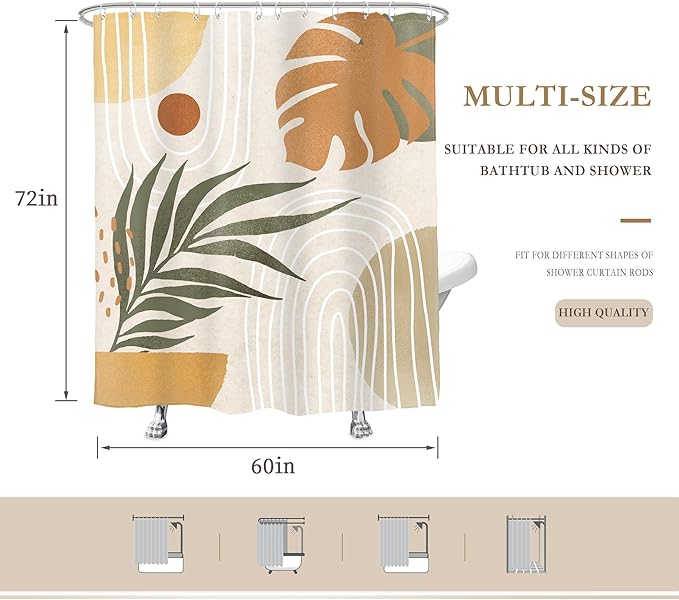 Glawry Beige Green Boho Shower Curtain Mid Century Abstract Plant Tropical Palm Leaf Modern Minimalist Arch Geometric Bathroom 60Wx72L Inches Bath Accessories Art Home Decor Fabric 12 Pack Hooks
