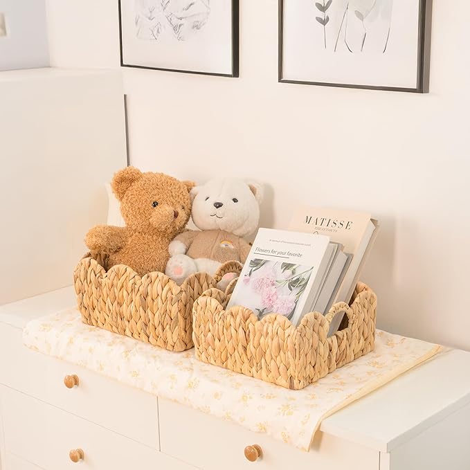 KOKODO Set of 2 Scalloped Wicker Baskets, Handwoven Water Hyacinth Decorative Bins with Handles for Home Decor & Organizing