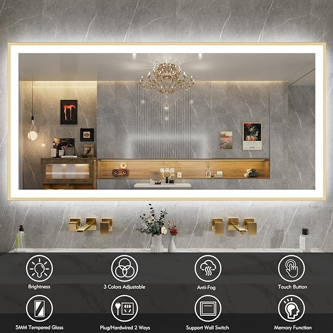 72x36 LED Bthroom Mirror with Gold Metal Frame, Dimmable Lighted Mirror with Backlit and Front-lit,LED Vanity Mirror for Wall, Memory Function, Tempered Glass, Anti-Fog