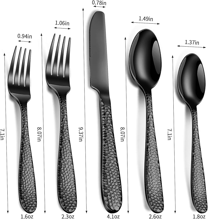 Black Hammered Silverware Set, 40-Piece Heavy Duty Stainless Steel Flatware Sets for 8, Food-Grade Cutlery Set for Home Restaurant, Mirror Polished, Dishwasher Safe