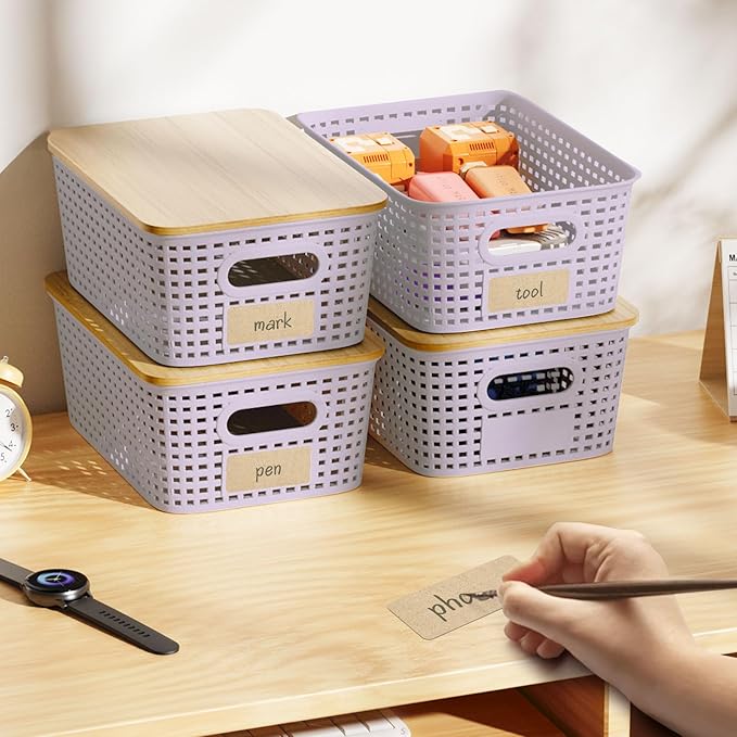 Small Storage Bins with Bamboo Lid, Plastic Storage Box with Lid, 5QT Stackable Organizing Basket with Lable,Storage Container for Classroom, Office, Closet, Shelf Organization, 10x7x4 In-Purple-6 Pcs