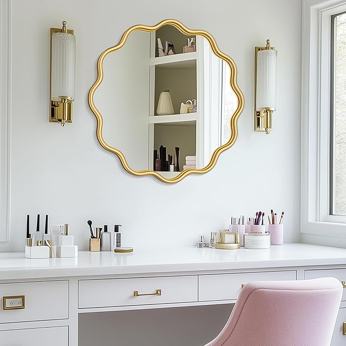 PROHOMEWARE Gold Round Mirror 24 Inch Wavy Bathroom Vanity Mirror Gold Frame Modern Wall Mirror Decorative Wall-Mounte Anti-Rust, Tempered Glass