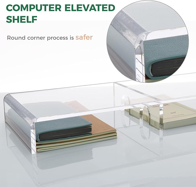 20" Crystal Clear Acrylic Monitor Stand Riser - Fits iMac/Printer/TV, Ergonomic 3" Elevation w/Hidden Keyboard Storage, Sleek Desk Organizer for Home Office