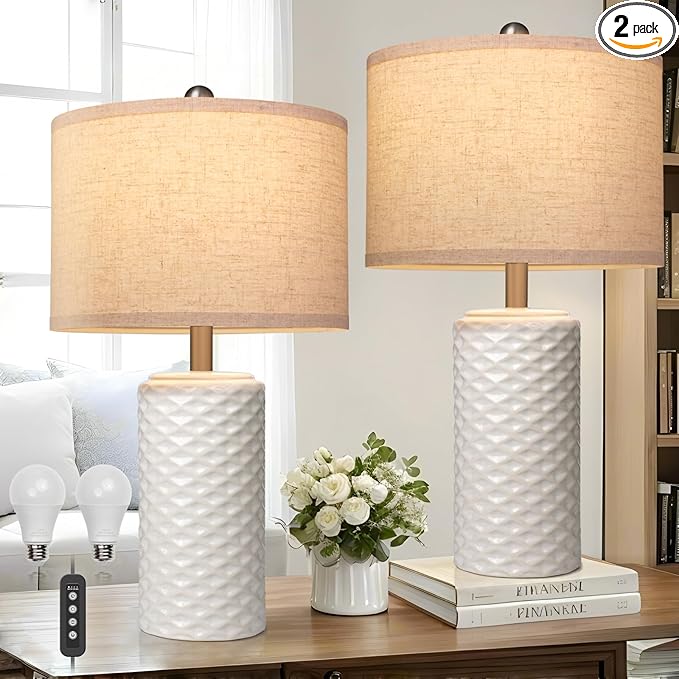 23" Bedside Lamps Set of 2, Dimmable Ceramic Table Lamps for Night Stands Modern Farmhouse Bedroom Lamps with Timer, Nightstand Table Lamps for Living Room End Table, Beige, LED Bulb Included