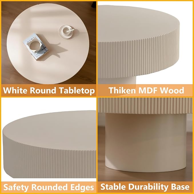 Modern Wood Round Coffee Table - Handcraft Drum Coffee Tables with Sturdy Base, Easy Assembly, Contemporary Style Small Coffee Table Tea Table for Living Room, Bedroom, Office (White Thick)