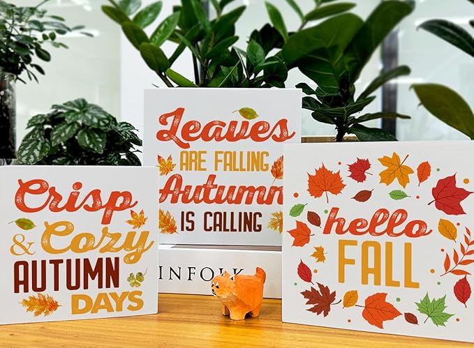 3 Pcs Fall Tiered Tray Decor Hello Fall Sign Home Decorations Autumn Theme 3 Pcs Wood Decorative Signs for Table Desk Shelf Wall