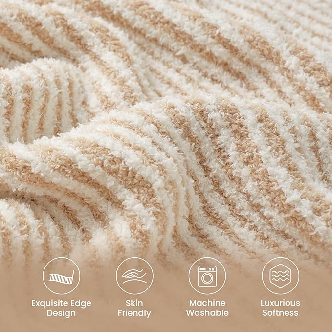 Snuggle Sac Stripe Soft Throw Blanket for Couch, Fuzzy Microfiber Knit Stripe Ribbed Blankets for Couch, Sofa, Travel, Cream Beige, 50x60 inches
