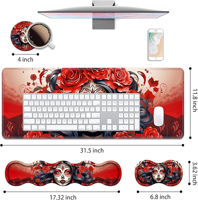 4 in 1 Ergonomic Keyboard Wrist Rest & Mouse Pad Wrist Rest Set, Large XXL Gaming Desk Mat 31.5"x 11.8" with Non-Slip Base, Memory Foam for Home Office Study Gaming, Sugar Skull Girl Roses