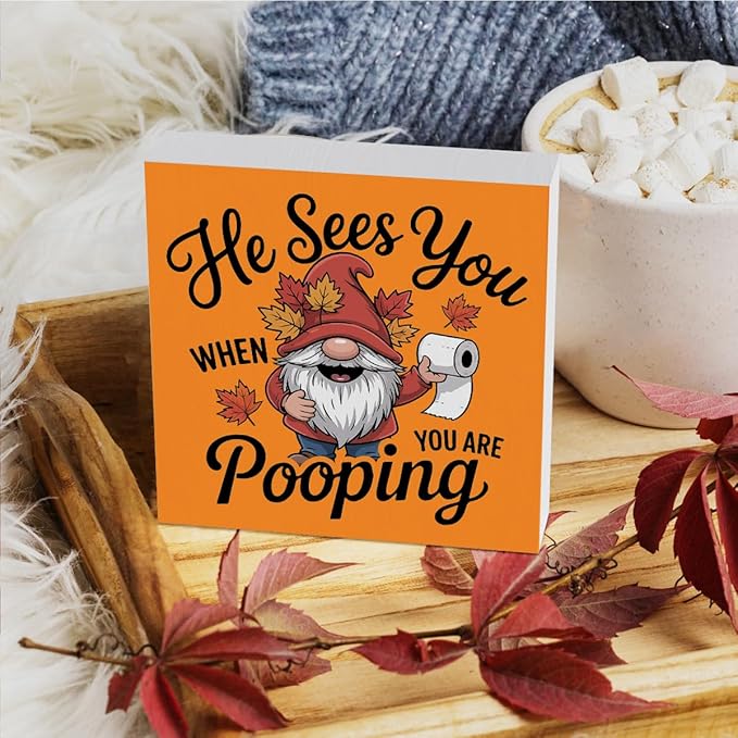 HTBIG Funny Fall Wooden Box Bathroom Sign Decor He Sees You When You Pooping Bathroom Wooden Box Decor It In The 5 x 5 Inch