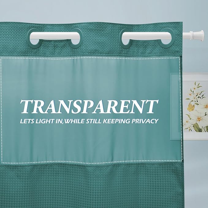 Seaweed Green Stall No Hook Shower Curtain with Snap in Liner,230GSM Waffle Weave Shower Curtains for Bathroom,54W x 80H