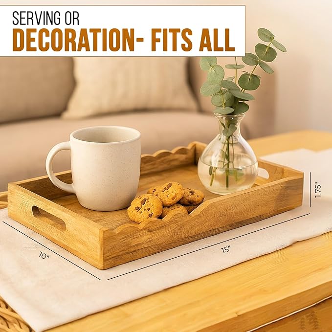 Mela Artisans Wooden Serving Tray with Handles | 15x10x1.75 inch | Mango Wood Decorative Tray| Ottoman Tray | Snacks | Desserts | Breads | Coffee Table | Bedroom | Scalloped Design