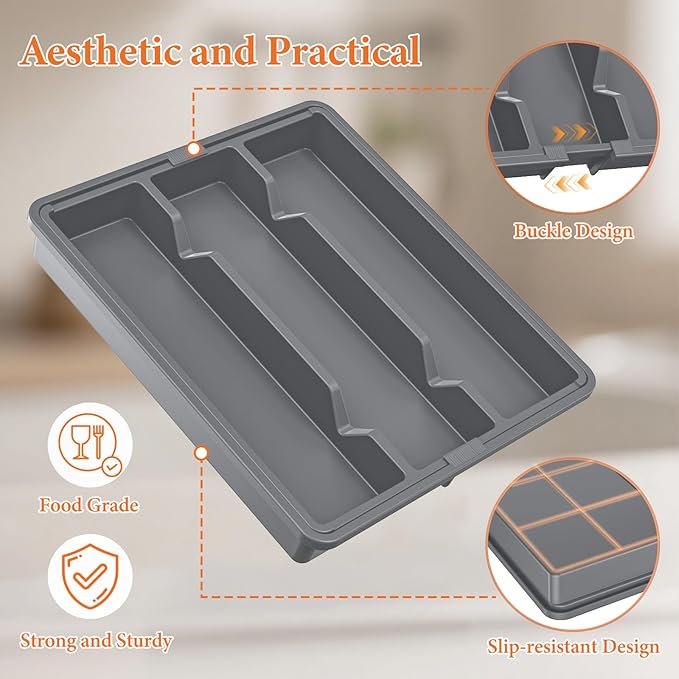 Silverware Organizer, Expandable Utensil Drawer Organizer for Kitchen Drawers, Kitchen Drawer Organizer for Spoons/Forks/Knives, Multipurpose & BPA Free Cutlery Tray, Grey, 1 Pack